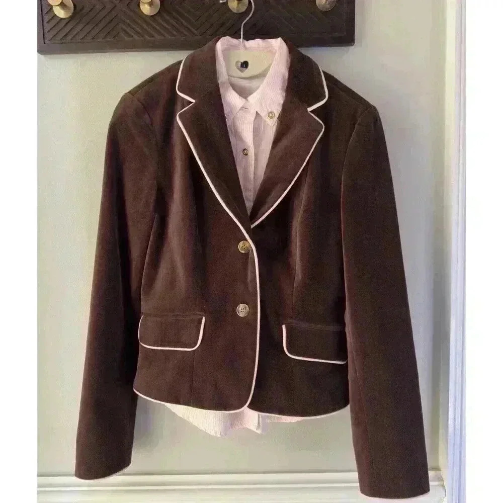 Tailor Of New York Brown And Pink Velvet Blazer 2 & Pink Striped‎ Button Down S
